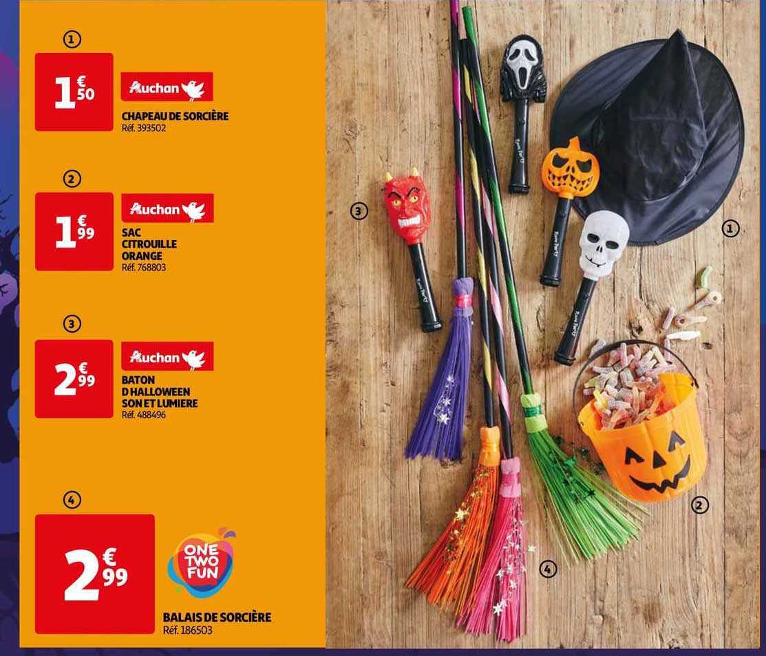 chapeau de sorcière, sac citrouille orange, bâton d'halloween son et lumière, balais de sorcière one two fun