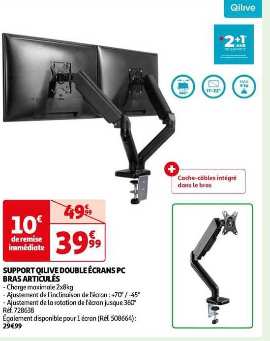 support qilive double écrans pc bras articulés
