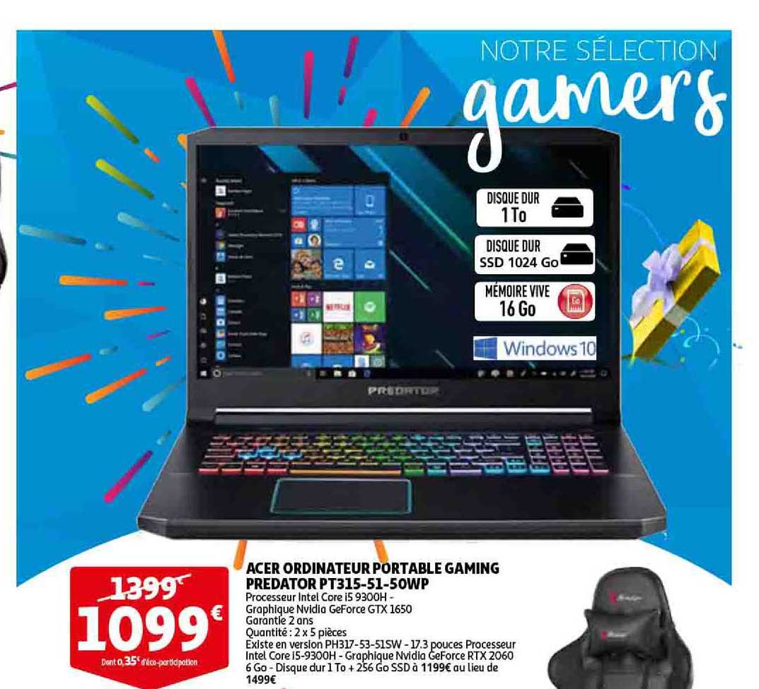 Acer Ordinateur Portable Gaming Predator Pt315 51 50wp