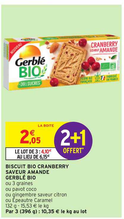 Biscuit Bio Cranberry Saveur Amande Gerblé Bio 2+1 Offert