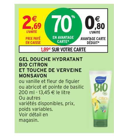 Gel Douche Hydratant Bio Citron Et Touche De Verveine Monsavon