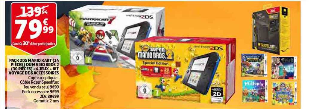 pack 2ds mario kart (14 pièces) ou mario bros 2 (30 pièces) + 4 jeux + kit voyage de 6 accessoires