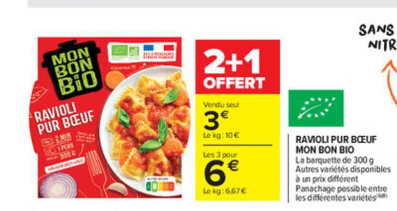 ravioli bœuf mon bon bio 2+1 offert
