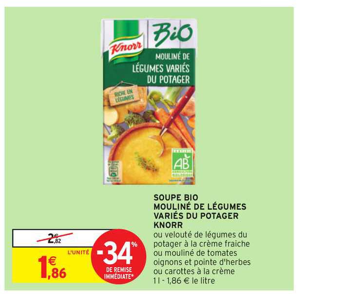 soupe bio mouliné de légumes variés du potager knorr -34% de remise immédiate