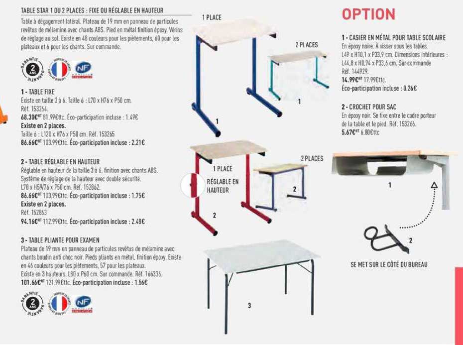 table star 1 ou 2 places fixe ou réglable en hauteur