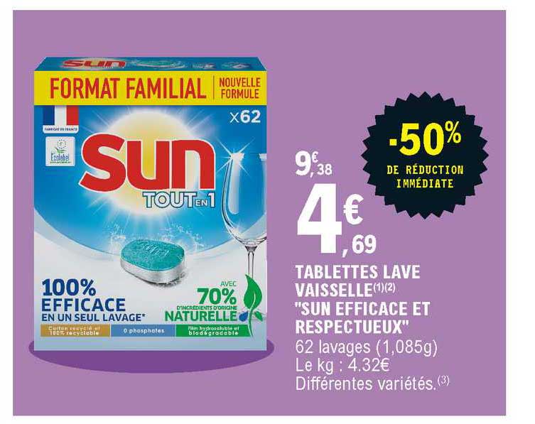 tablettes lave vaisselle sun efficace et respectueux -50% de réduction immédiate