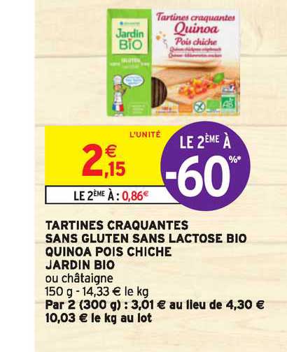 tartines craquantes sans gluten sans lactose bio quinoa pois chiche jardin bio le 2ème à -60%