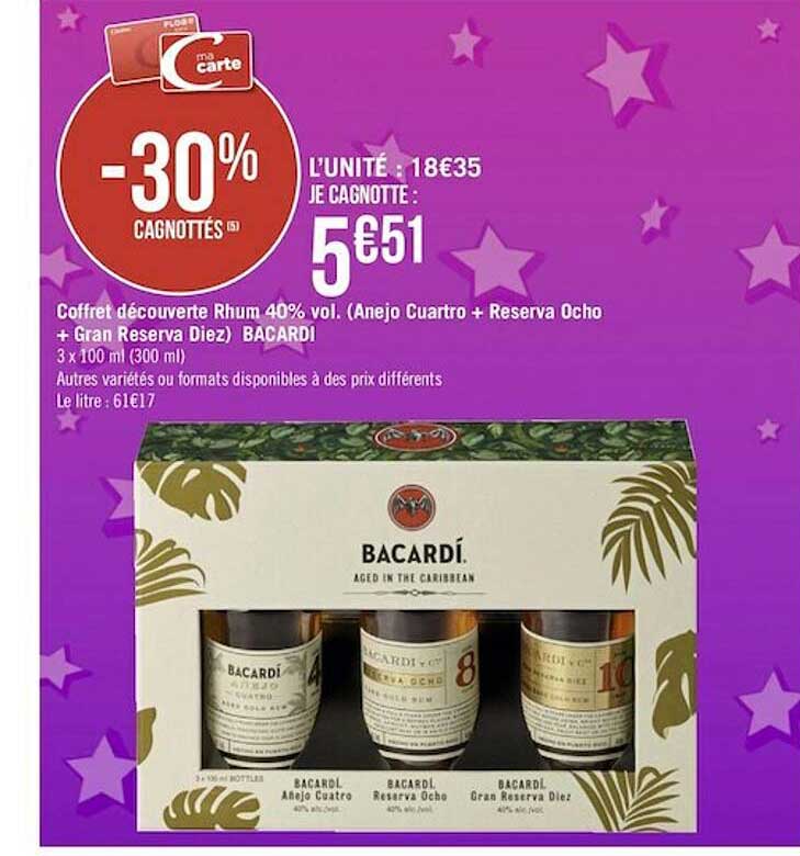 coffret découverte rhum 40% vol. (anejo cuartro + reserva ocho + gran reserva diez) bacardi