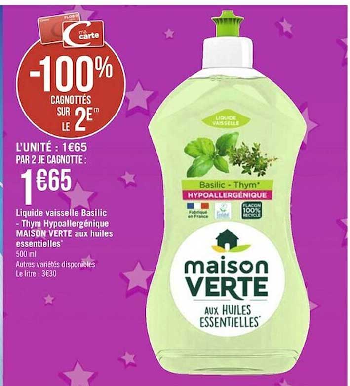 liquide vaisselle basilic - thym hypoallergénique maison verte aux huiles essentielles
