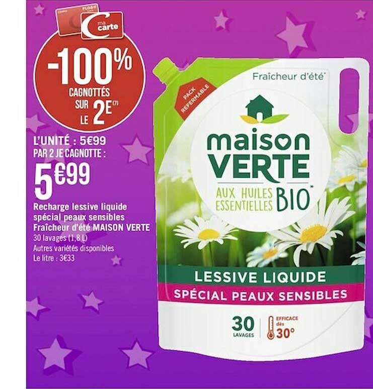 recharge lessive liquide spécial peaux sensibles fraîcheur d'été maison verte