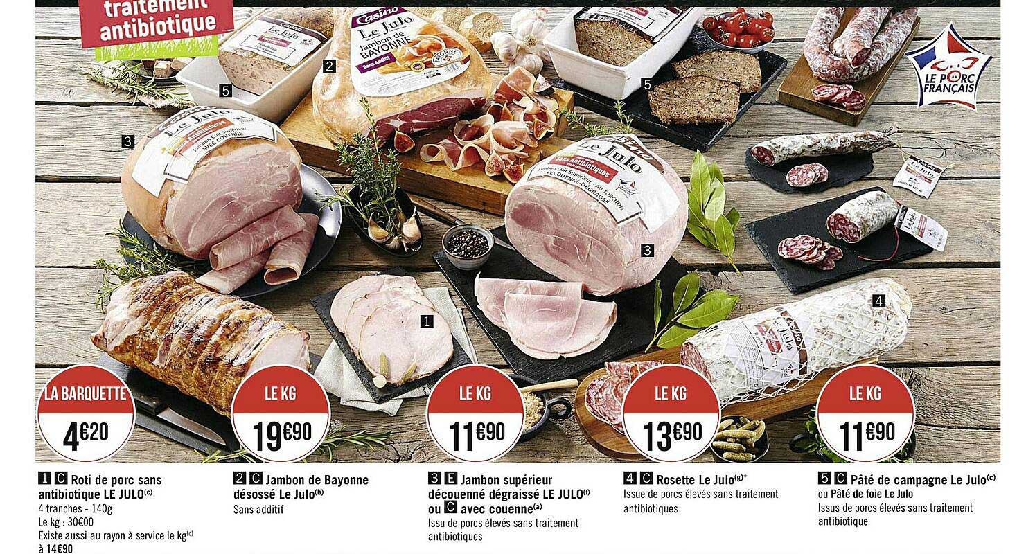 rôti de porc sans antibiotique le julo, jambon de bayonne désossé le julo, jambon supérieur découenné dégraissé le julo ou avec couenne, rosette le julo, pâté de campagne le julo ou pâté de foie