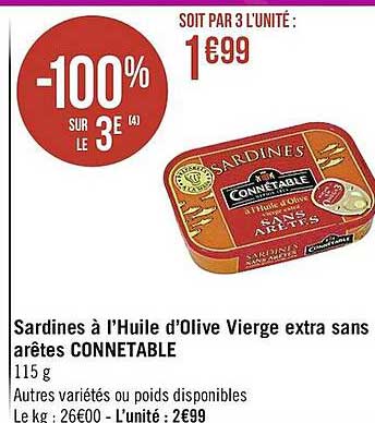 sardines à l'huile d'olive vierge extra sans arêtes connétable