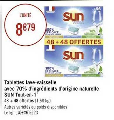 tablettes lave-vaisselle avec 70% d'ingrédients d'origine naturelle sun tout-en-1