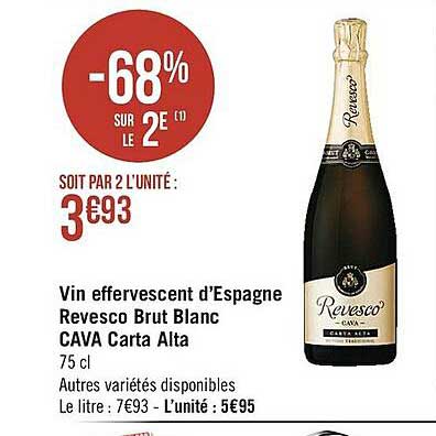 vin effervescent d'espagne revesco brut blanc cava cate