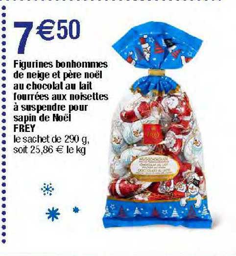 figurines bonhommes de neige et père noël au chocolat au lait fourrées aux noisettes à suspendre pour sapin de noël frey