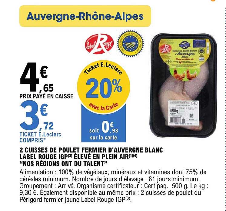 2 cuisses de poulet fermier d'auvergne blanc label rouge igp élevé en plein air "nos régions ont du talent"