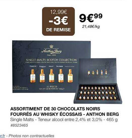 assortiment de 30 chocolats noirs fourrés au whisky écossais - anthon berg
