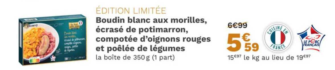 boudin blanc aux morilles, écrasé de potimarron, compotée d'oignons rouges et poêlée de légumes
