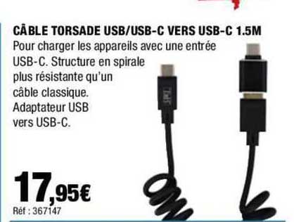 câble torsade usb/usb-c vers usb-c 1.5m