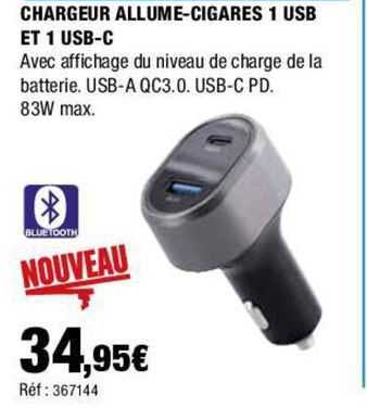 chargeur allume-cigares 1 usb et 1 usb-c