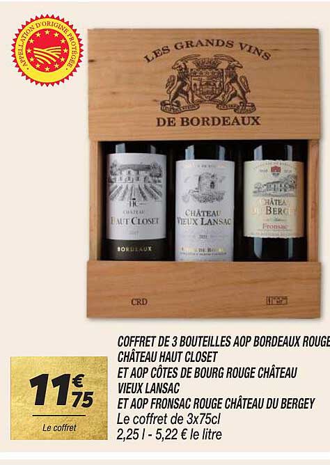 coffret de 3 bouteilles aop bordeaux rouge château haut closet et aop côtes de bourg rouge château vieux lansac et aop fronsac rouge château du bergey