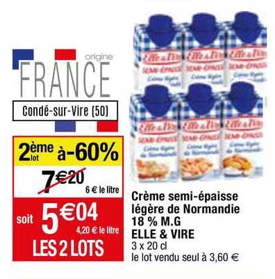 crème semi-épaisse légère de normandie 18% m.g elle & vire