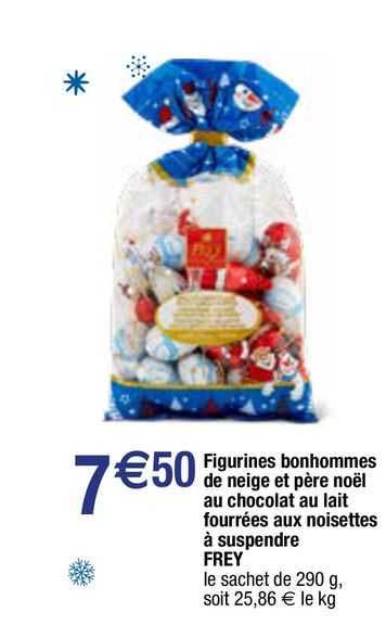 figurines bonhommes de neige et père noël au chocolat au lait fourrées aux noisettes à suspendre frey