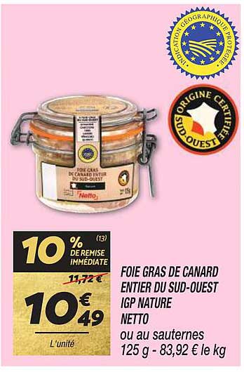 foie gras de canard entier du sud-ouest igp nature netto