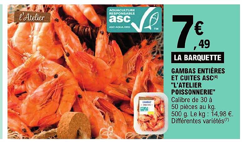 gambas entières et cuites asc "l'atelier poissonnerie'
