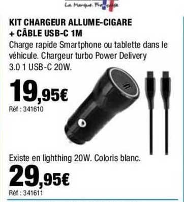 kit chargeur allume-cigare + câble usb-c 1m