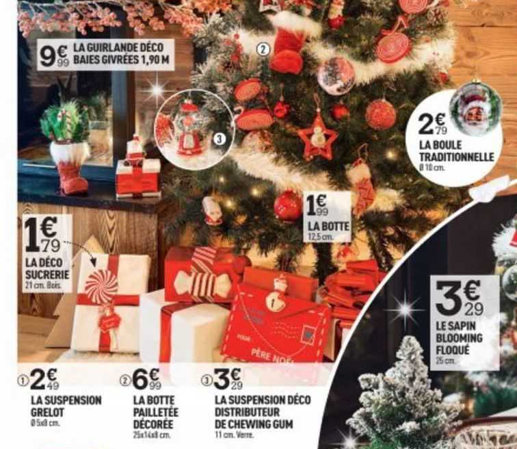 la déco sucrerie, la suspension grelot, la botte pailletée décorée, la suspension déco distributeur de chewing gum, le sapin blooming floqué, la botte, la boule traditionnelle