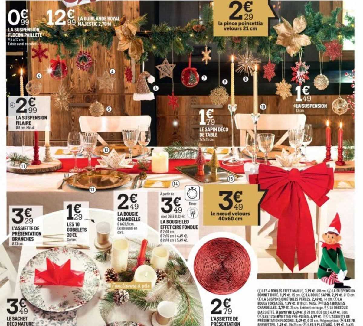 la suspension flocon pailleté, la suspension filaire, l'assiette de présentation blanches, le sachet déco nature, les 10 gobelets 20 cl, la bougie chandelle, la bougie led effet cire fondue, le sapin