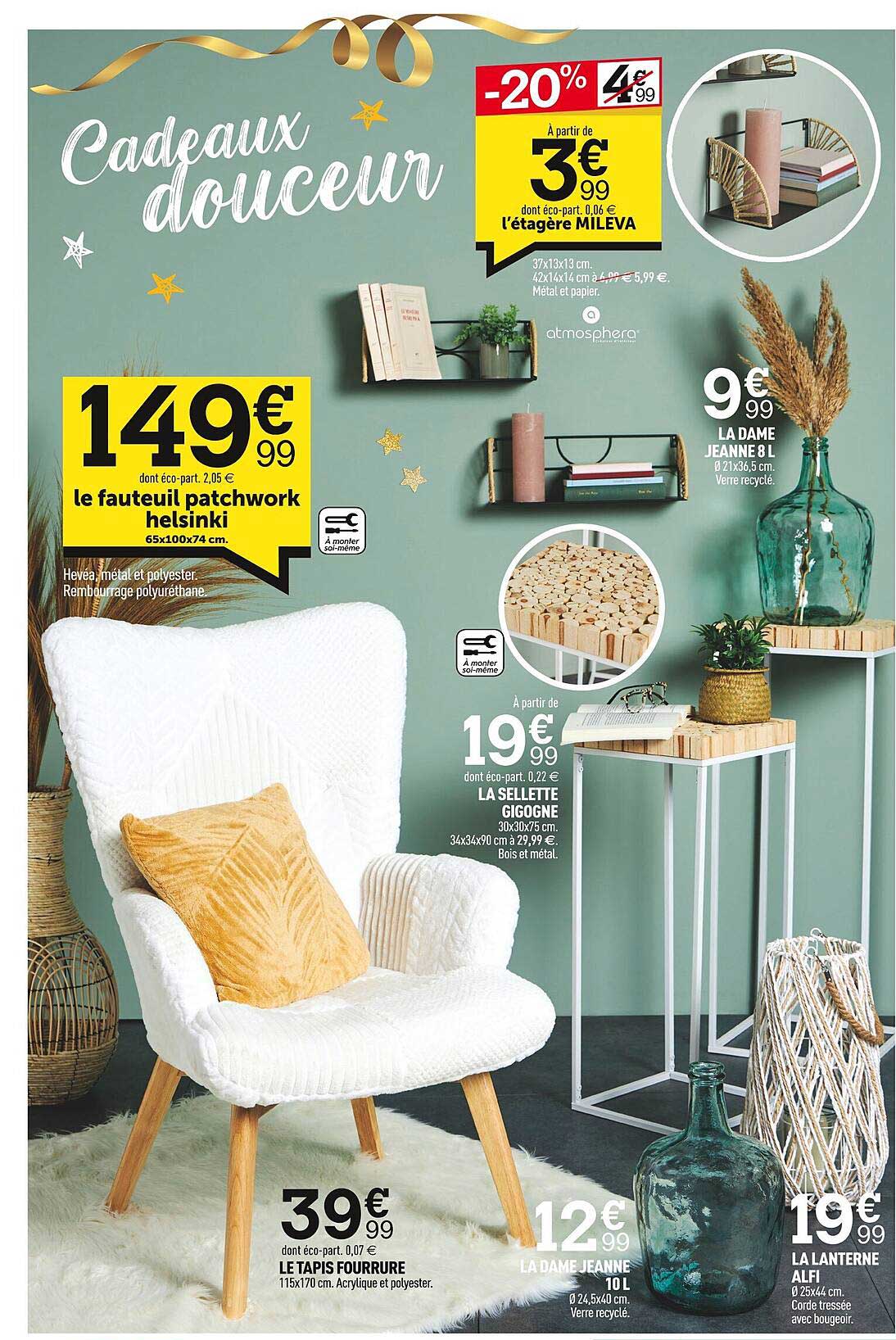 le fauteuil patchwork helsinki, le tapis fourrure, la dame jeanne, la lanterne alfi, la sellette gigogne, la dame jeanne 8 l, l'étagère meliva