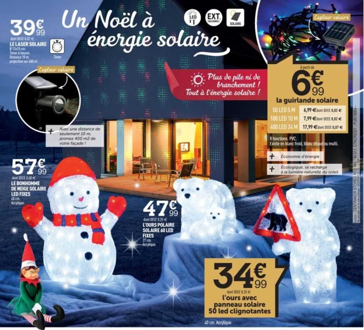 le laser solaire, le bonhomme de neige solaire led fixes, l'ours polaire solaire 60 led fixes, l'ours avec panneau solaire 50 led clignotantes, la guirlande solaire