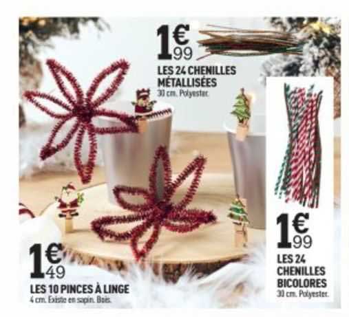 les 10 pinces à linge, les 24 chenilles métallisées, les 24 chenilles bicolores