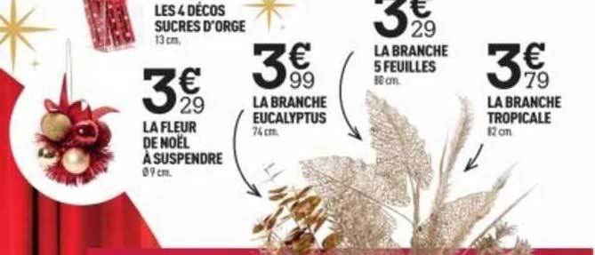 les 4 décos sucres d'orge, la fleur de noël à suspendre, la branche eucalyptus, la branche 5 feuilles, la branche tropicale