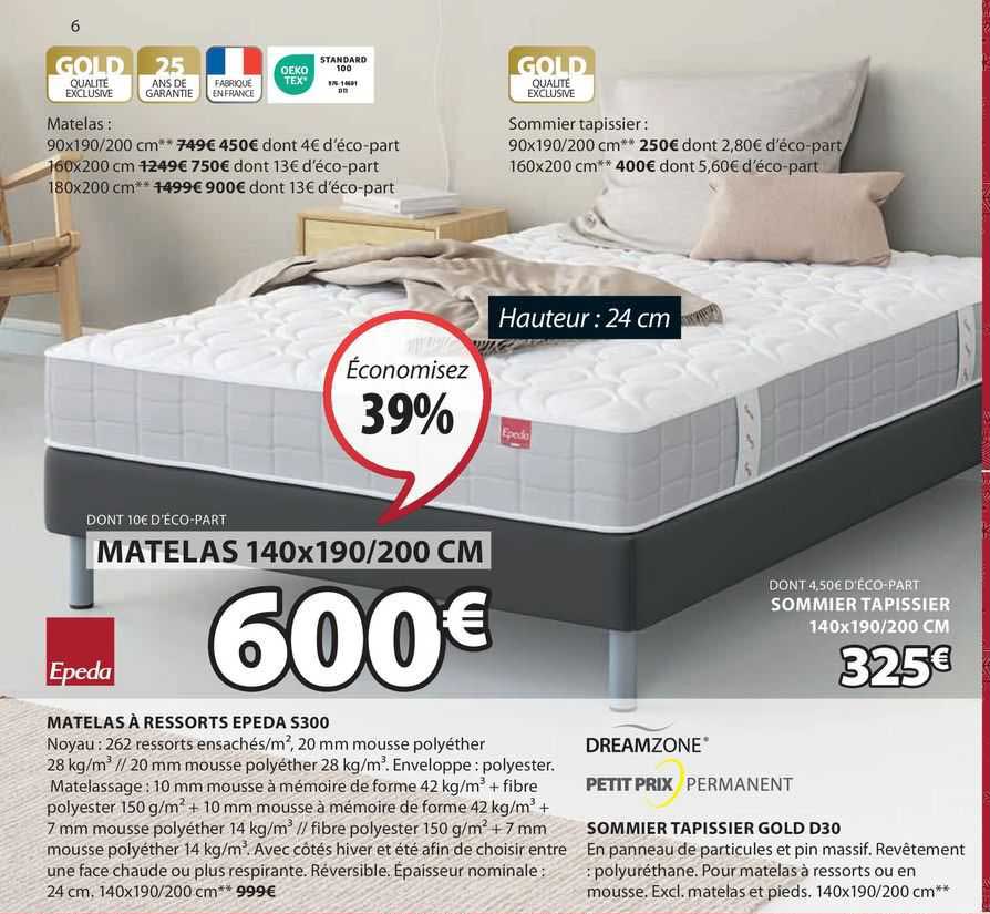 matelas à ressorts epeda s300 sommier tapissier gold d30