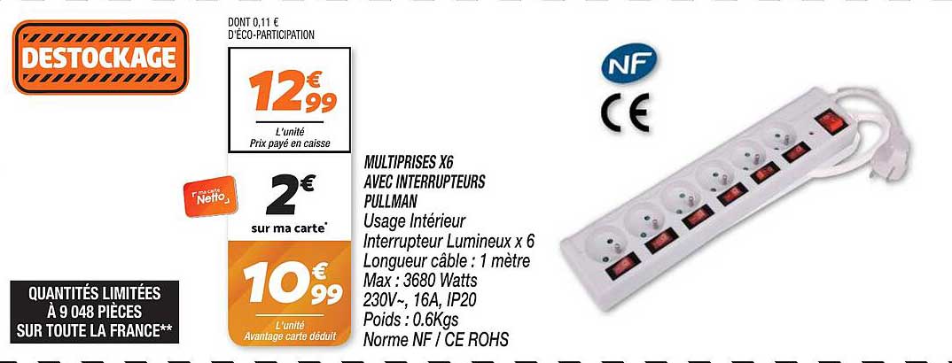 multiprises x6 avec interrupteurs pullman