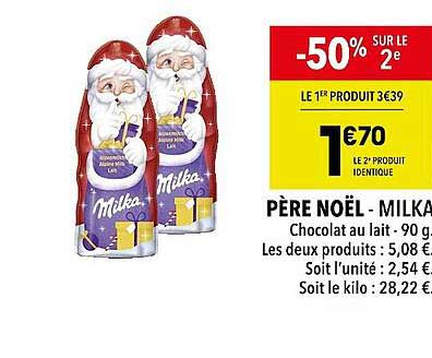 père noël - milka -50% sur le 2e