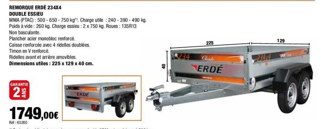 remorque erdé 234x4 double essieu