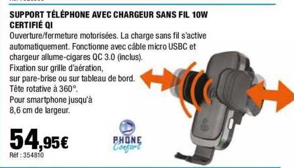 support téléphone avec chargeur sans fil 10w certifié qi