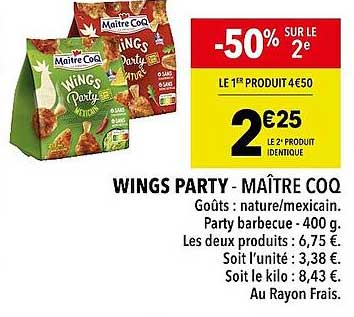 wings party - maître coq -50% sur le 2e