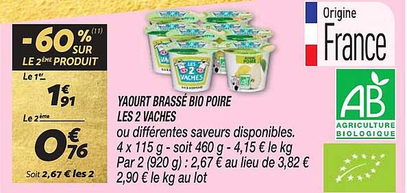 Yaourt Brassé Bio Poire Les 2 Vaches