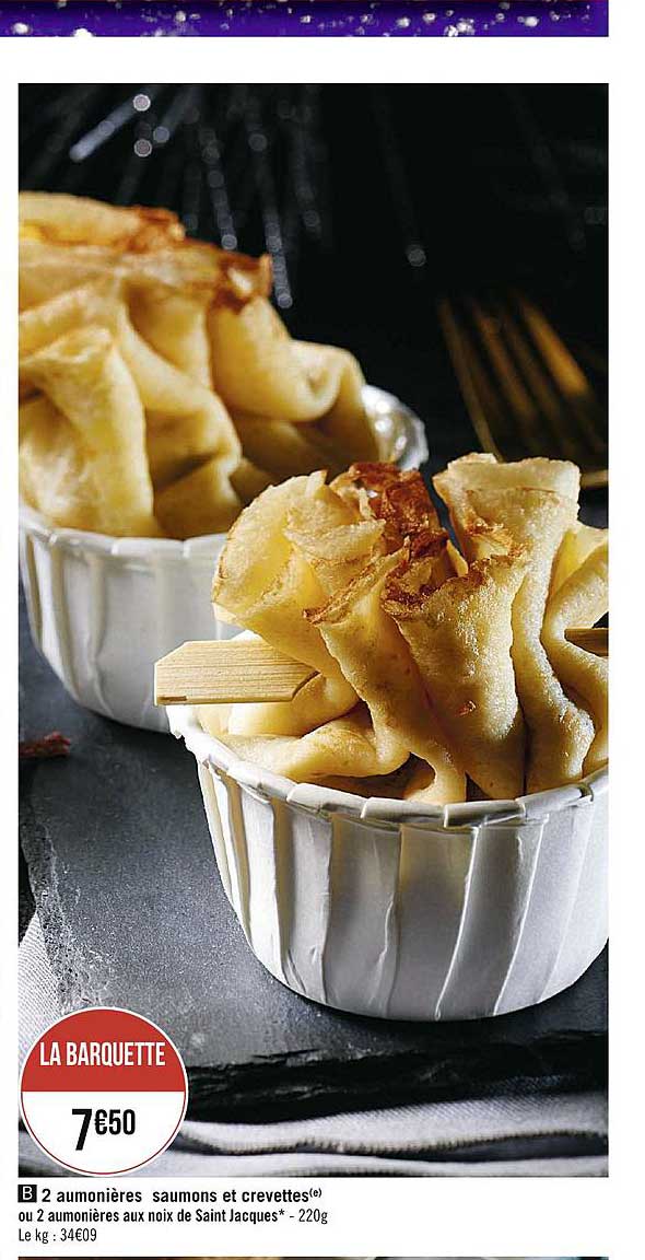 2 aumonières saumons et crevettes ou 2 aumonières aux noix de saint jacques