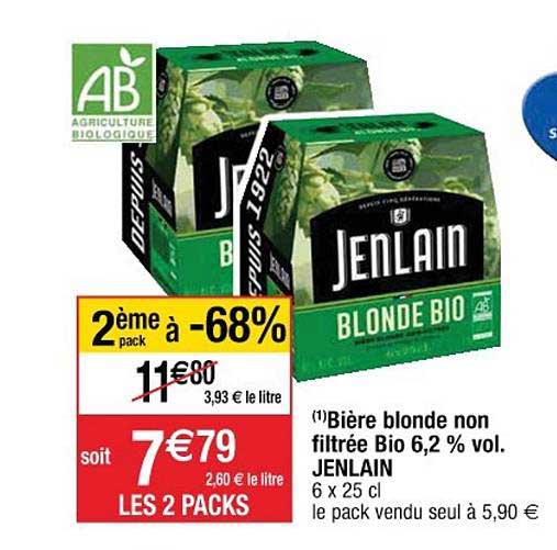 bière blonde non filtrée bio 6.2 % vol. jenlain 2ème à -68%