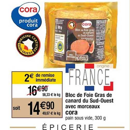 bloc de foie gras de canard sud-ouest avec morceaux cora