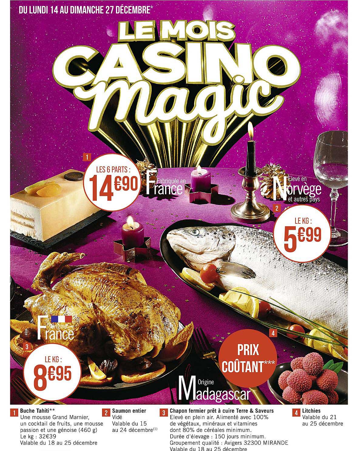 bûche tahiti, saumon entier, chapon fermier prêt à cuire terre & saveurs, litchies