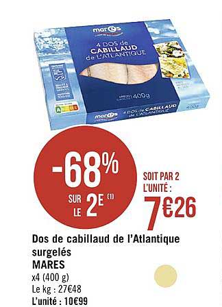 dos de cabillaud de l'atlantique surgelés mares