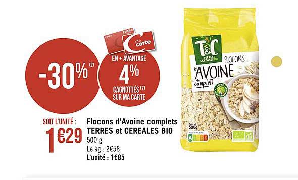 flocons d'avoine complets terres et céréales bio