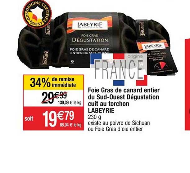 foie gras de canard entier du sud ouest dégustation cuit au torchon labeyrie 34% de remise immédiate